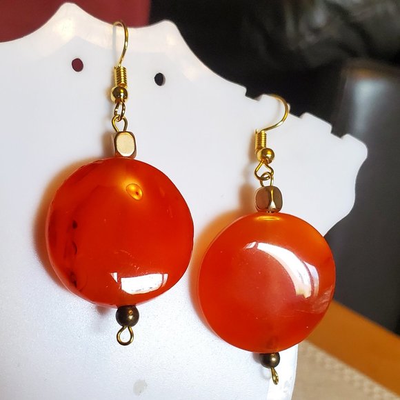 2'" Gold Tone Hook Orange Agate Dangle Earrings
